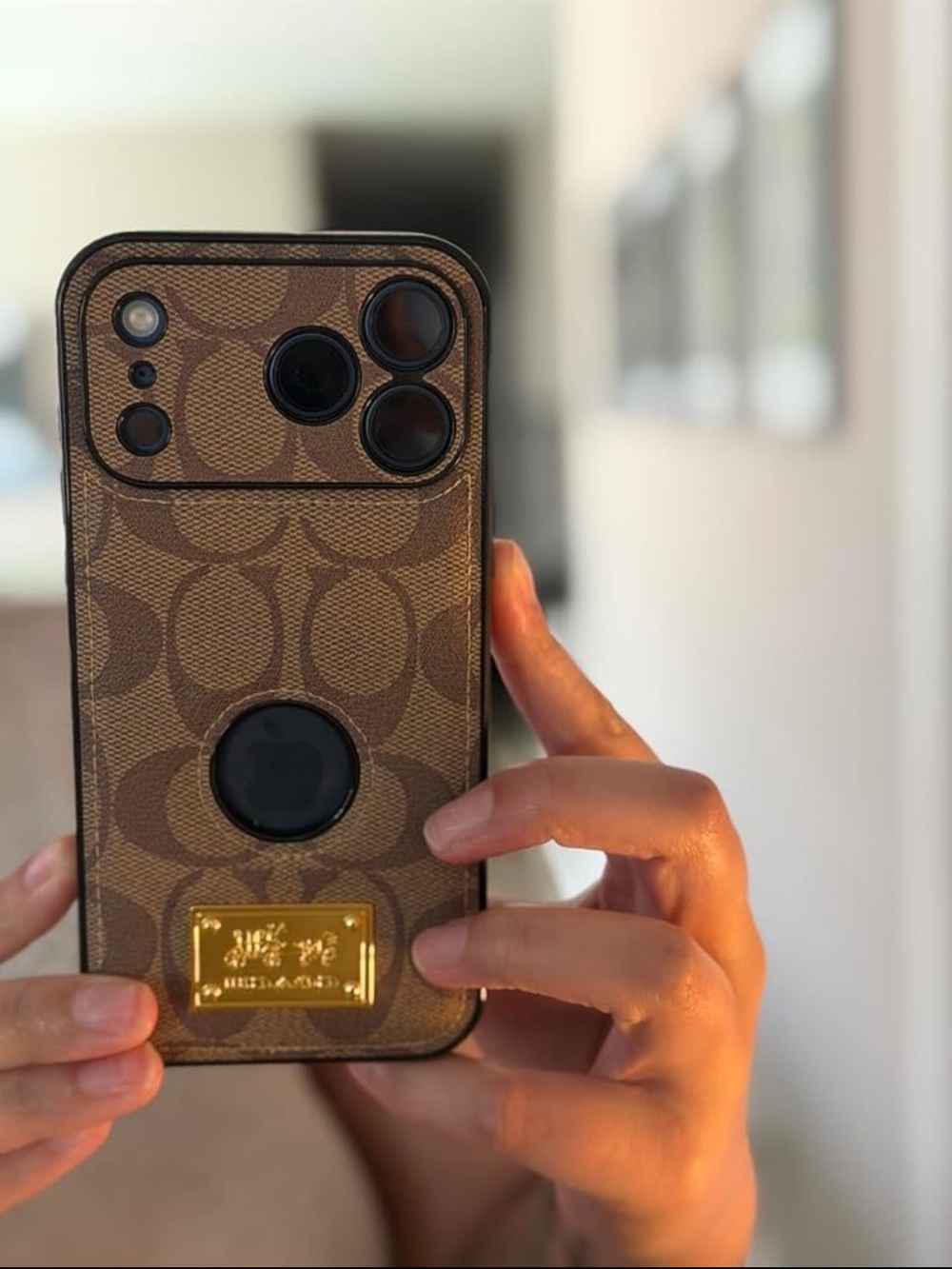 Coach Brown Signature Canvas Phone Case with Gold Plate
